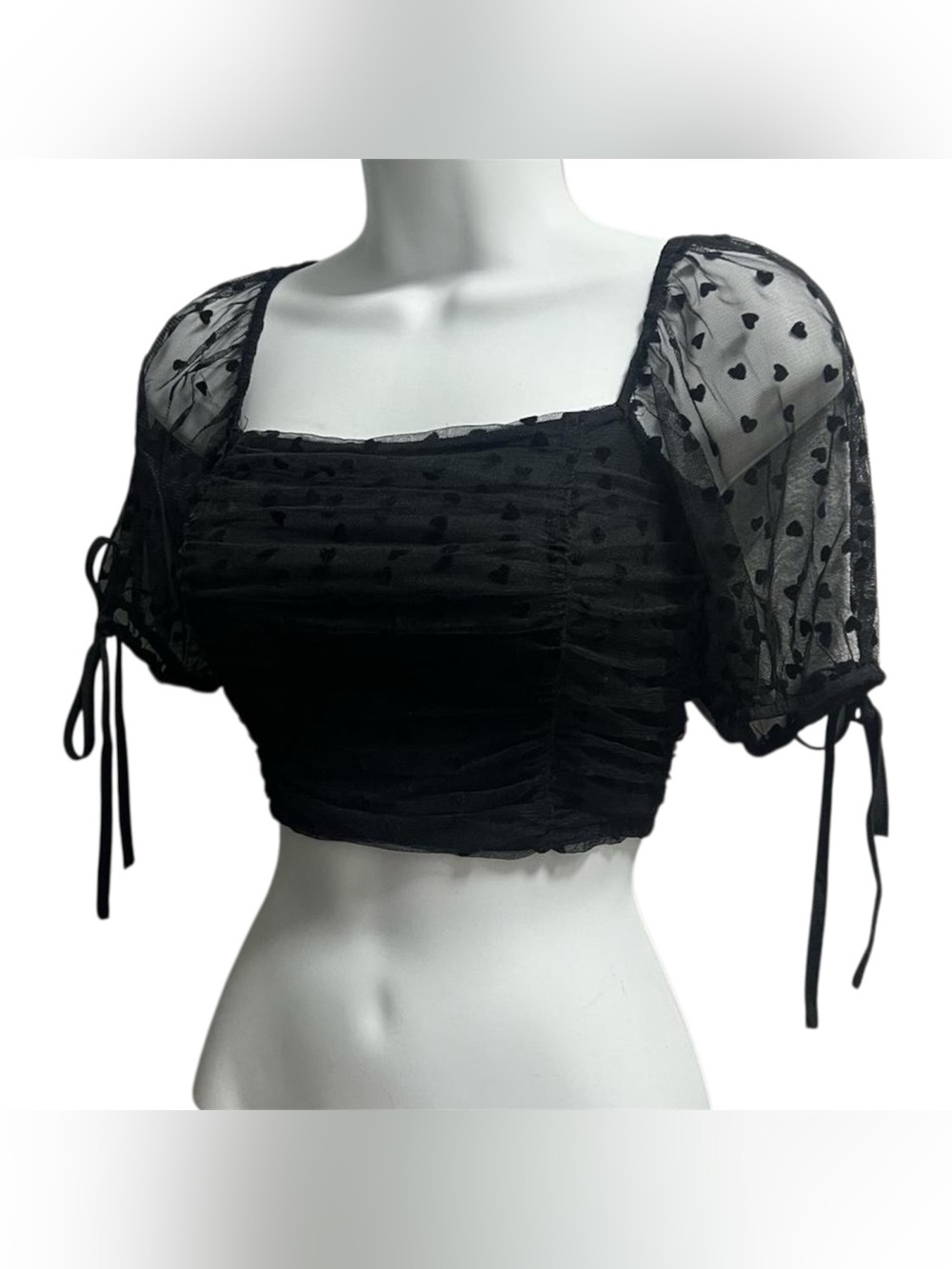 Black top with mesh sleeves velvet hearts